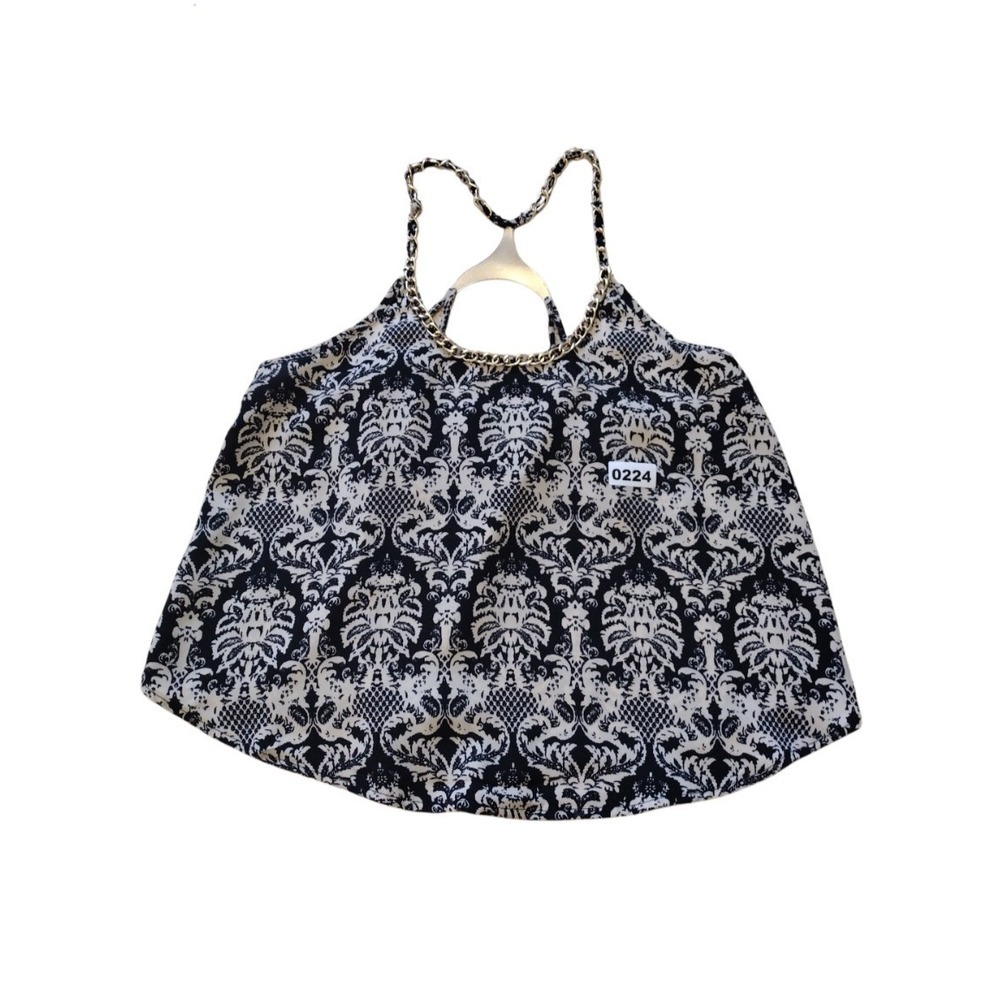 Ring Stone Tank Top Woman's Large Black Tan Chain‎ Scoop Neck Cropped Party Boho